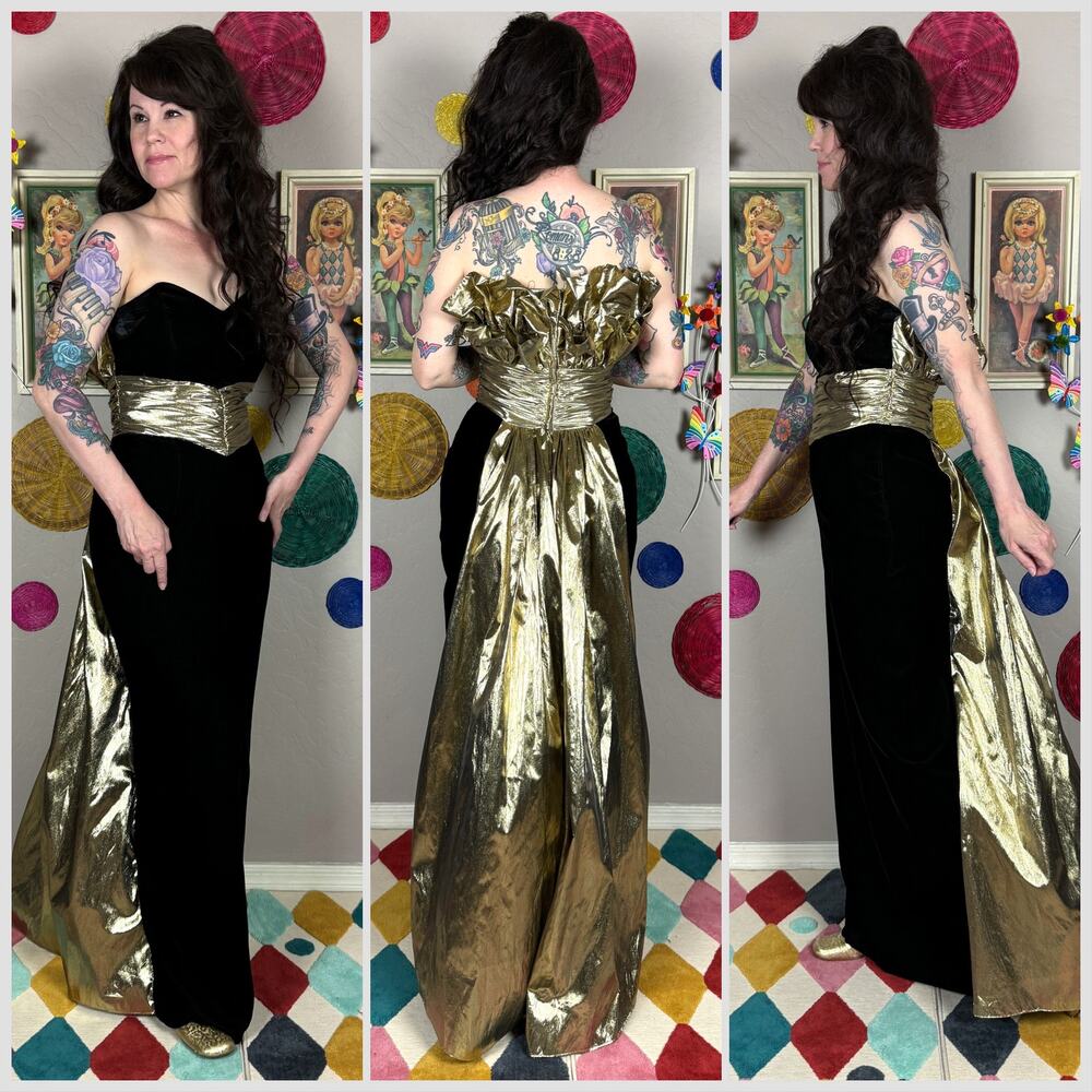 Vintage 1980s Strapless Black Velvet and Gold Lamé Evening Gown - Picture 3 of 8